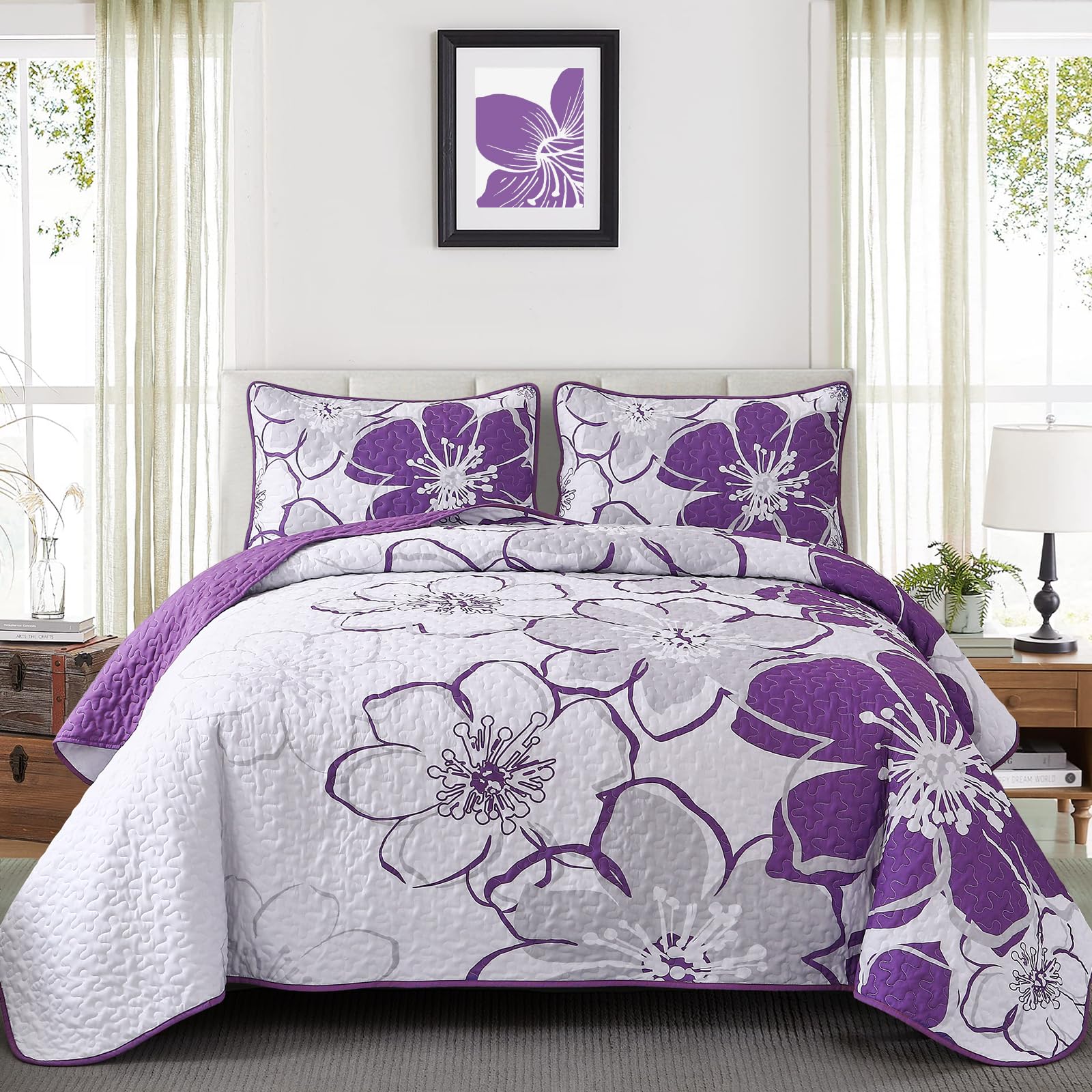 Amazon.com: Luxudecor Floral Quilt Set King Size 3 Pieces Purple